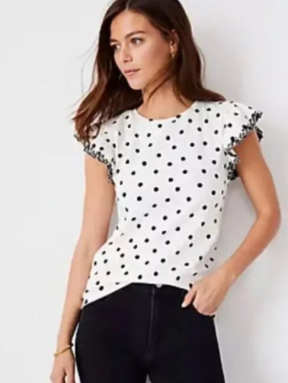 Ann Taylor Black White Polka Dot Flutter Sleeve Blouse Top - Size XS